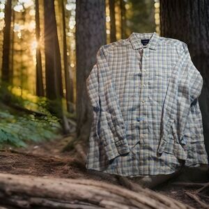 Faconnable Blue & White Plaid Deauville 100% Linen XL Men's Long Sleeve 1052‎